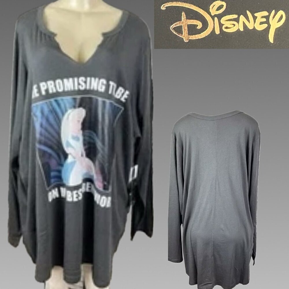 Disney +6 Gray Split Neck Alice Graphic Promise Best Behavior Long Sleeve Tee